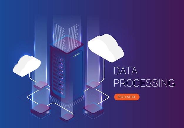 Concept of big data processing energy station of future server room rack data center isometric vector illustration