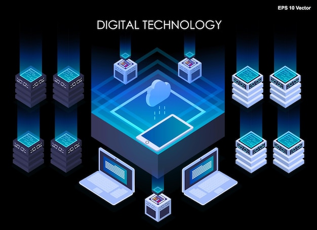 Vector concept of big data processing isometric data center vector information processing and storage creative illustration with abstract geometric elements