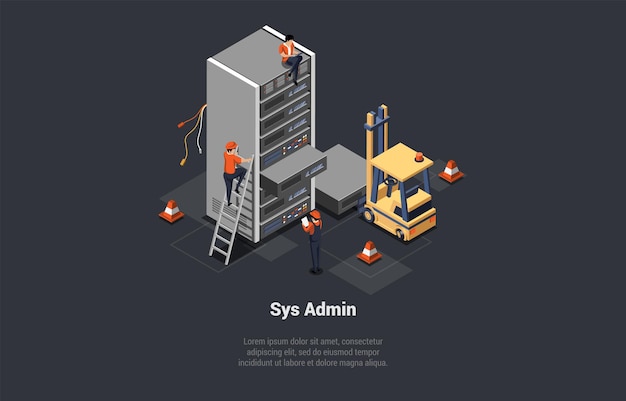 Vector concept of big data sys admin server room with hardware racks or web hosting infrastructure characters control of working big data storage and cloud computing isometric 3d vector illustration