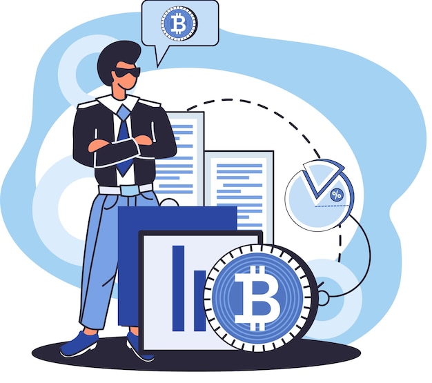 Vector concept of bitcoin mining blockchain network technology initial coin offering and cryptocurrency man with diagram working in bitcoin mine blockchain transaction technology virtual money market