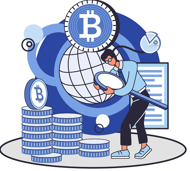 Концепция майнинга биткойнов, технология сети блокчейн, первоначальное предложение монет и криптовалюта Человек с лупой, работающий в биткойн-шахте Технология транзакций Blockchain, рынок виртуальных денег