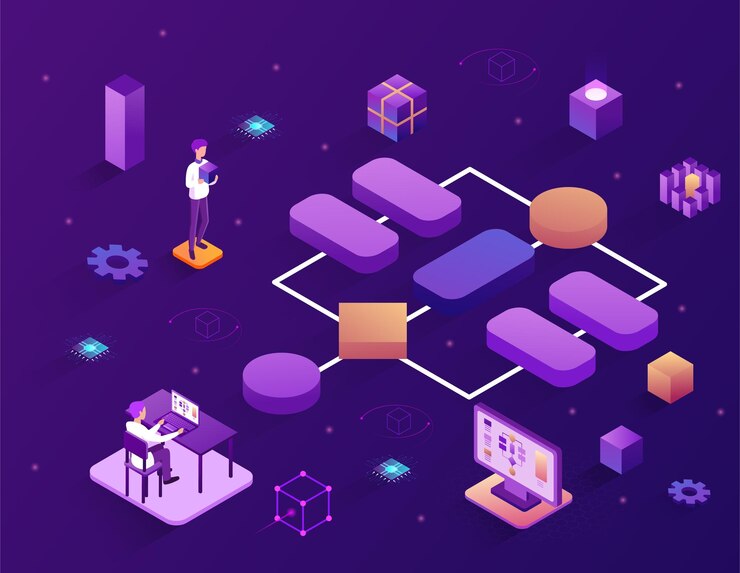 Vector concept of block scheme creation or modular software development one man is working at a computer