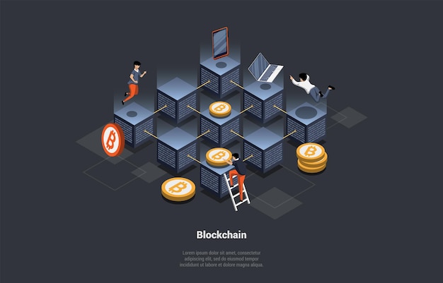 ブロックチェーンと暗号通貨チームのコンセプトは、ブロックチェーン技術の暗号取引検索エンジンバイナリコード番号ビッグデータフロー情報アイソメ3D漫画ベクトルイラストに取り組んでいます