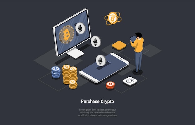 Concept Of Blockchain Technology Bitcoin Altcoins And Shopping Online With Cryptocurrency Male Character Man Buy And Sell Crypto On Tablet And Smartphone Isometric 3d Cartoon Vector Illustration