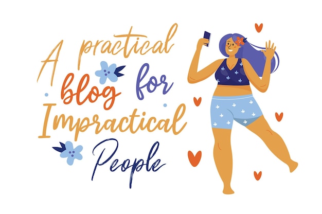 Concept bodypositive blogger met vrouwenscène in de platte tekenfilmstijl Plus size girl is happy