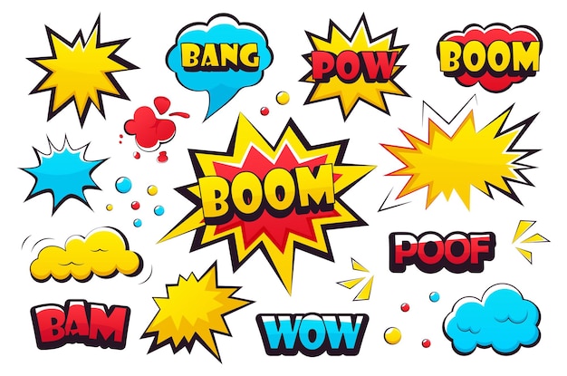 Concept Boom expression A set of flat cartoonstyle design elements featuring boom expressions