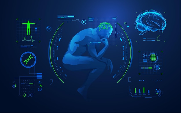 Vector concept of brain analysis or brain research, thinking man with medical technology interface