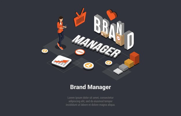 Concetto di brand manager trendwatching social media network marketing team lavoro su relazioni personali di costruzione del marchio con il governo del cliente e gli investitori illustrazione vettoriale 3d isometrica