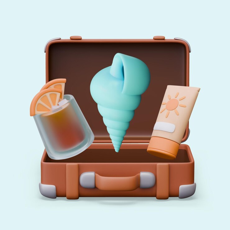 वेक्टर concept of bright rest 3d seashell cocktail suntan lotion in suitcase