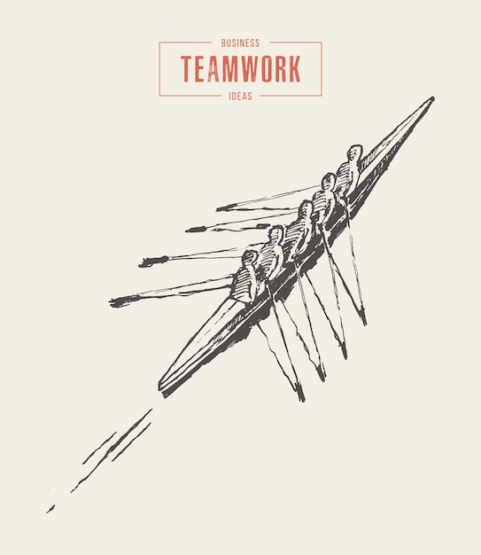 Concept business illustration, sketch of canoeing team, teamwork, partnership, achievement, together