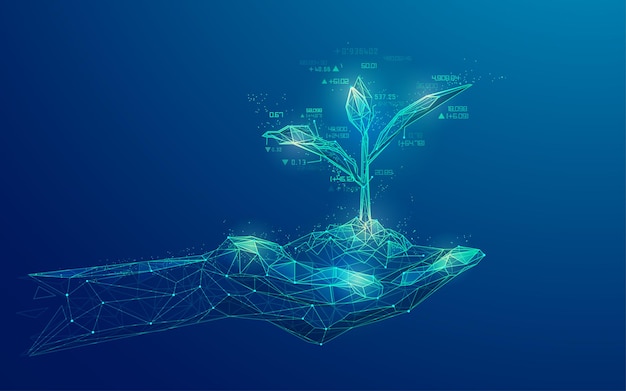 Concetto di investimento aziendale o strategia del mercato azionario, grafica della mano wireframe che tiene la giovane pianta combinata con l'elemento del mercato azionario