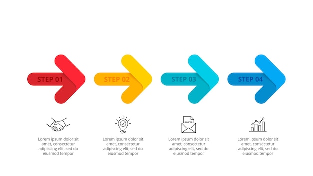 Concept of business process with 4 arrows. Flat infographic for data visualization and analysis.