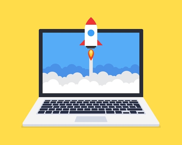 Concept of business startup rocket launch from screen vector illustration