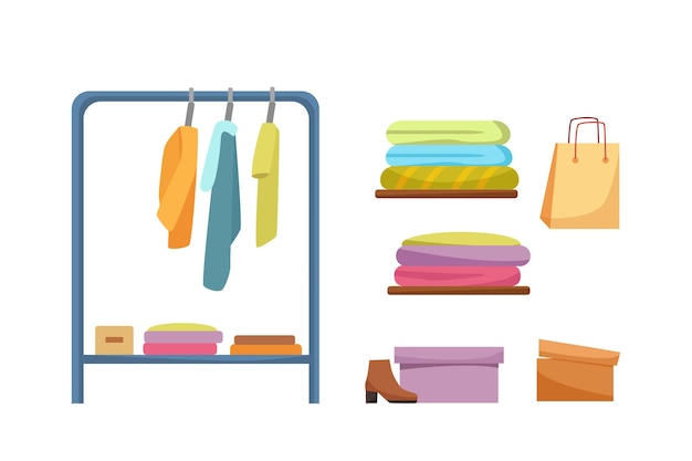 The concept of buying clothes hanger and shelves with clothes vector cartoon
