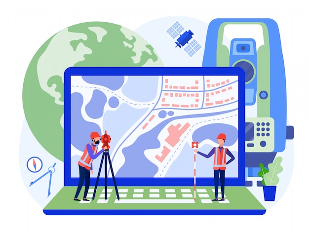 Ingegneri catastali concettuali, geometri e cartografi realizzano un rilevamento geodetico dell'area usando teodolite e mappa su un laptop.