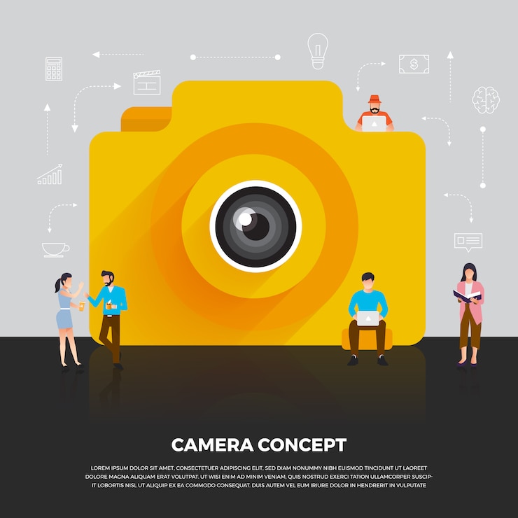 Vector   concept camera mobile. group people develop icon camera mobile device.  illustrate.