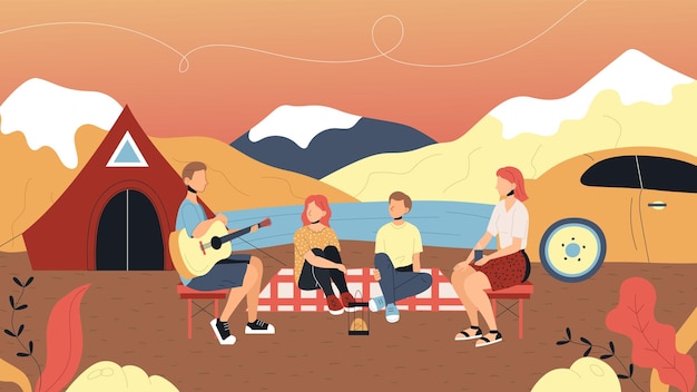 Concept of camping and summer landscapes. characters are having a good time outdoor. family is sitting together near tent camp and singing songs with guitar. cartoon flat style. vector illustration.