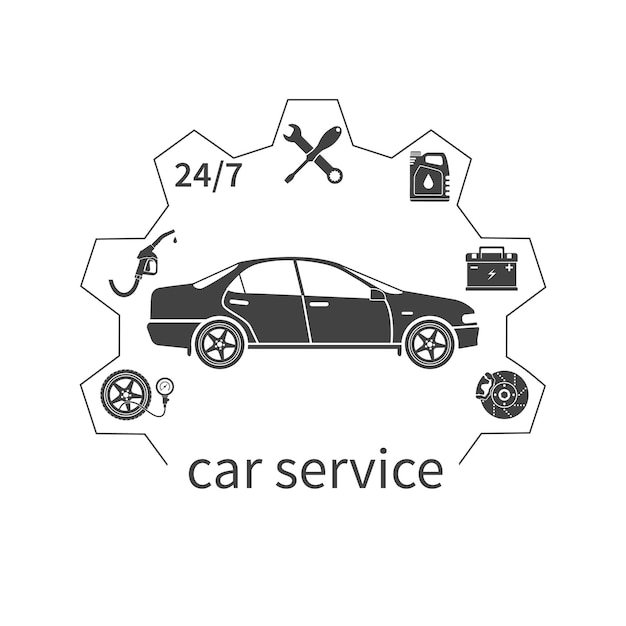 Вектор Сервис концепт-каров. иконки автосервиса и ремонта. давление топлива в шинах, аккумуляторные тормоза, масло 247.
