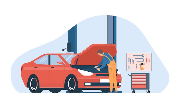 Vector concept for car service mechanic working under the hood of a car vector illustration