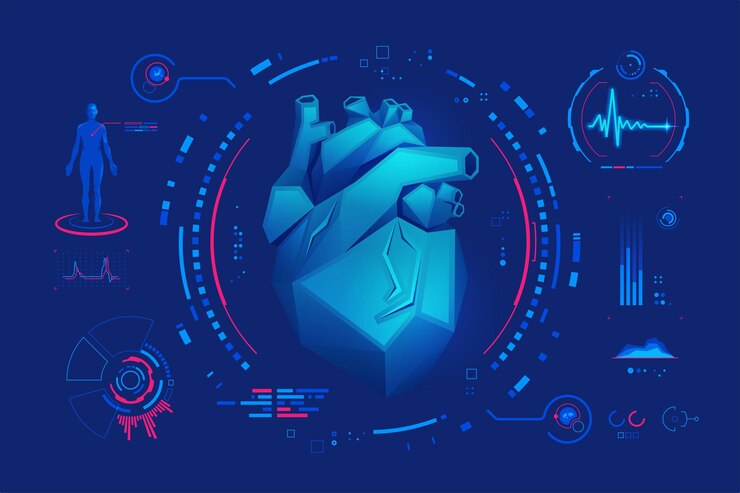 Vector concept of cardiology or medical technology, graphic of low poly heart with futuristic interface