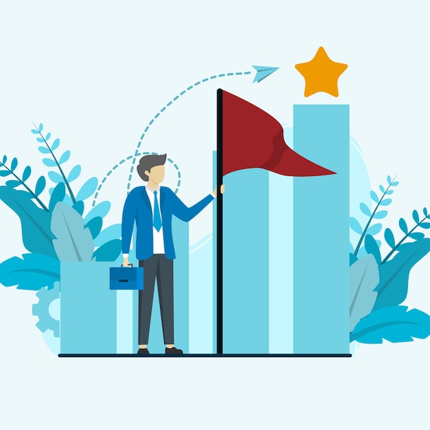 Vector the concept of a career peak or goal. businessman holding red flag. business, success, leadership.