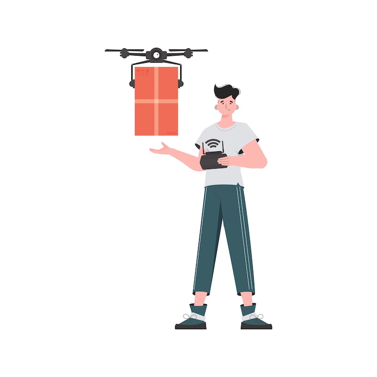 Vector the concept of cargo delivery by air a man controls a drone with a package isolated trendy style vector illustration