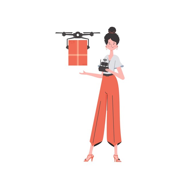 Vector the concept of cargo delivery by air a woman controls a drone with a parcel isolated on white background flat modern design vector