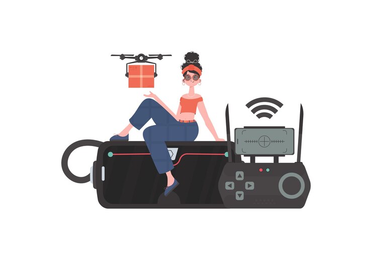 Vector the concept of cargo delivery by air a woman controls a quadcopter with a parcel isolated vector illustration