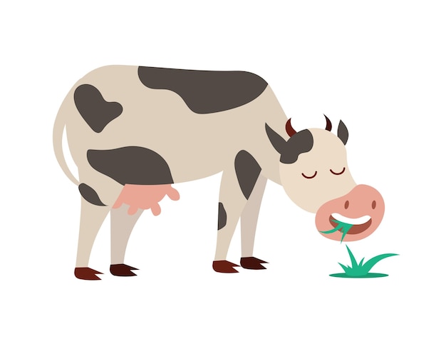 Concept Cartoon cow eating grass This vector cartoon illustration depicts a scene of a cow