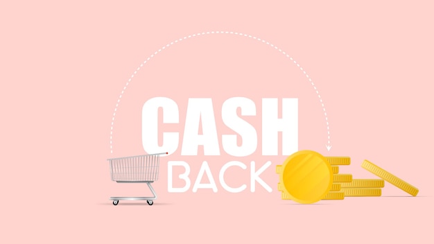 The concept of cashback and savings on purchases. the cart from the supermarket is filled with gold coins. shopping trolley, gold coins, money. vector.