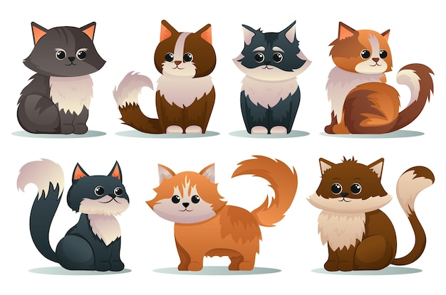 Set of cute cats icons, vector flat illustrations. Cat breeds