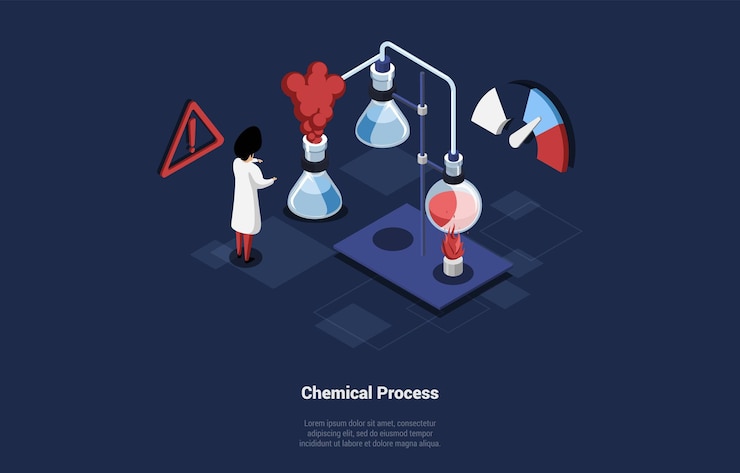 Vector concept of chemical research character laboratory assistant manages and controls chemical pharmaceutical production process modern chemical production line isometric cartoon 3d vector illustration