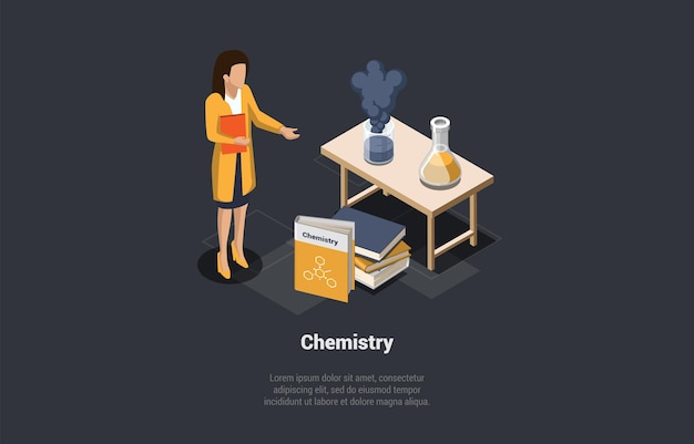 Concept Of Chemistry Studying Subject Education Online Science Courses Female Character Is Standing Near Desk With Flask with Reagents School Education System Isometric 3d Vector Illustration