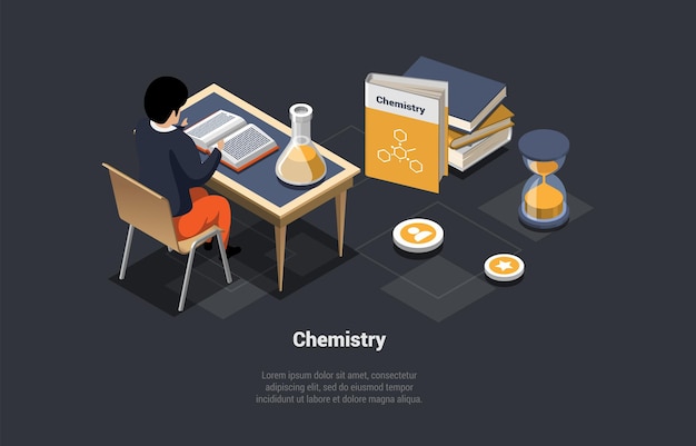 Concept Of Chemistry Studying Subject Education Online Science Courses Male Character Reading Book With Flask with Reagents On The Table School Education System Isometric 3d Vector Illustration