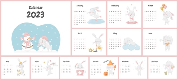 Concept of childrens calendar for 2023 with a cute bunny character all pages a set with a adorable animal rabbits in pastel colors used free font vector illustrations on a white background