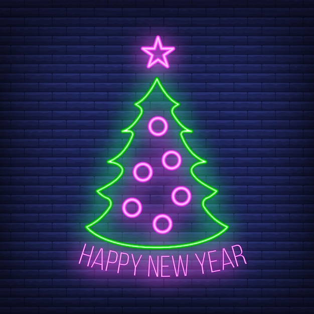 Concept christmas fir tree icon with star green neon glow style, happy new year and merry christmas flat vector illustration, isolated on brick black. xmas holiday winter time.