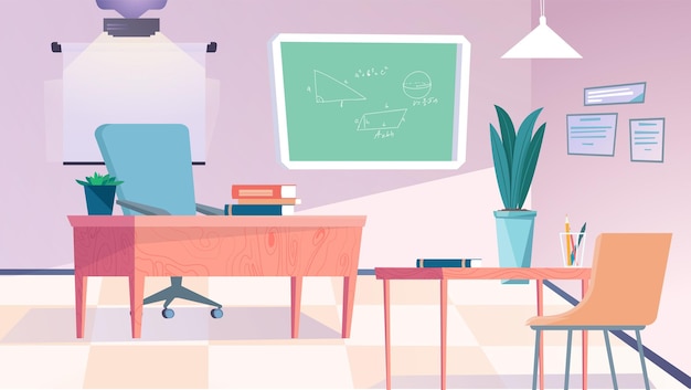 Concept Classroom This illustration features a flat cartoon design of a classroom with a simple