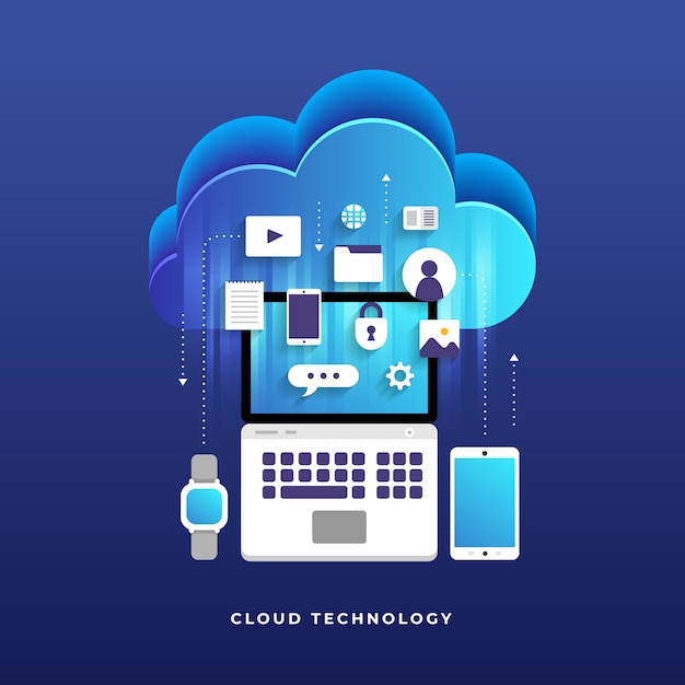 Vector concept cloud computing technology users network configuration isometric.  illustration.