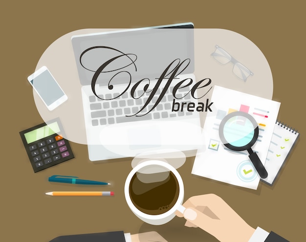 Concept of coffee time on office workspace