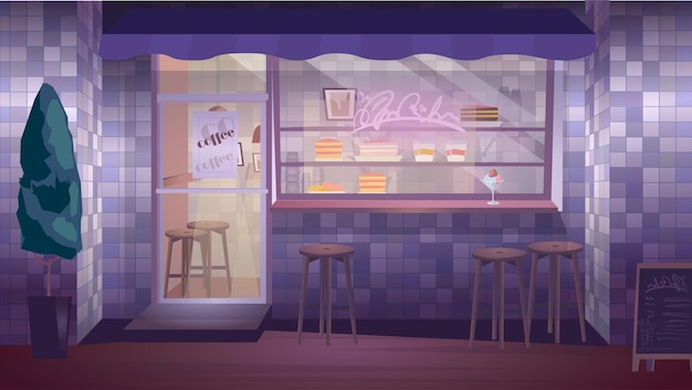 Concept Coffeeshop Een platte cartoonontwerpachtergrond met een gezellige coffeeshop