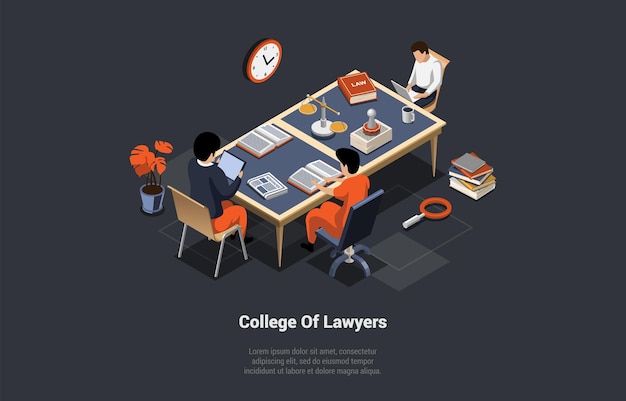 Vector concept of college of lawyers law school with teacher and students study together characters reading articles in books sitting at the desk in office or classroom isometric 3d vector illustration