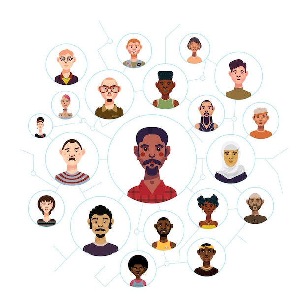 Concept of communication of people a group of people united by themes racial equality kinship family tree