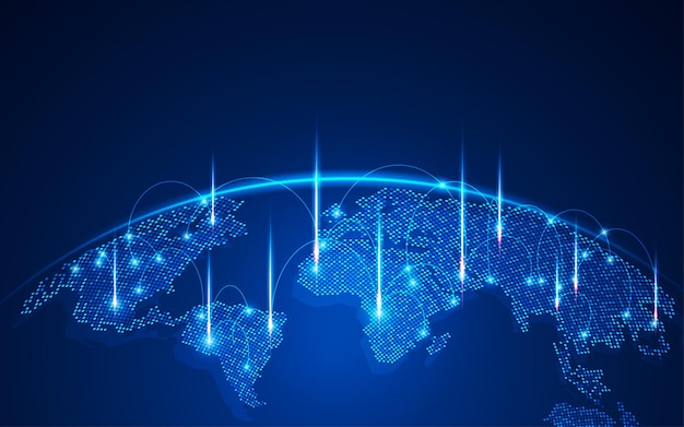 未来的なスタイルで提示された点線の世界地図の通信技術グラフィックの概念