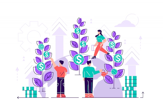 Vector concept company is engaged in the joint construction and cultivation of money cash profits for presentation, social media, documents, cards, posters. flat  illustration career growth to success