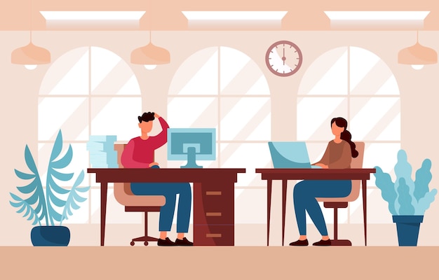 Concept of company office man and woman sitting at tables and working on project employees at