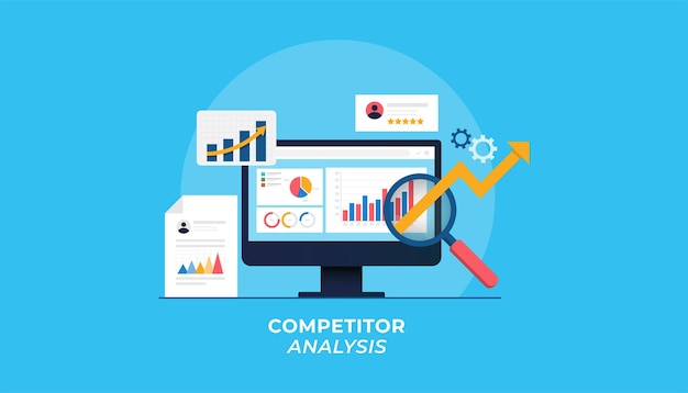 Concept of competitor analysis marketing data analysis data driven marketing business strategy analysis flat vector banner isolated on blue background