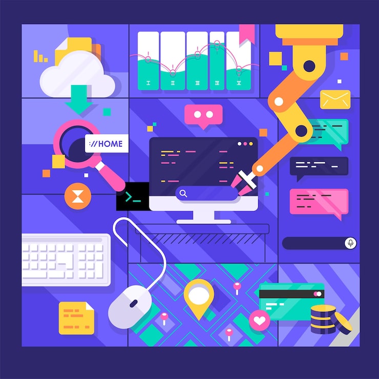 Vector concept of computer programming or developing software or game engineering coding