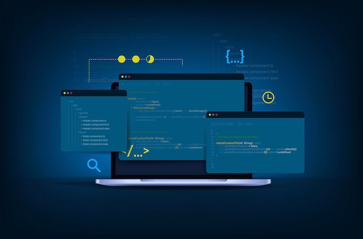Vector concept of computer programming or software or game development 3d vector illustration with coding symbols and programming windows concept of information technologies and computer engineering