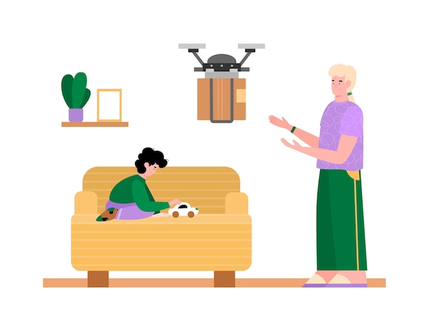 Vector concept of contactless home delivery using a drone a flat illustration