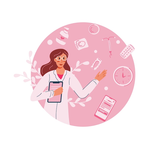 The concept of contraception and hygiene The doctor talks about contraceptives and personal hygiene Sex education lesson Flat vector illustration